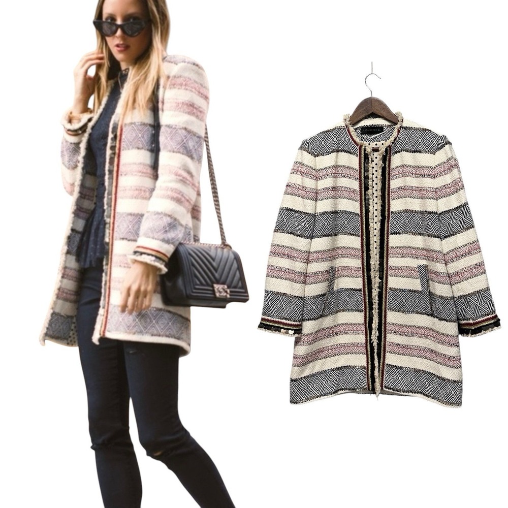 Zara Blazer Womens Blazer Size L Ivory Tunic Festival Open Front Jacket Boho Bea